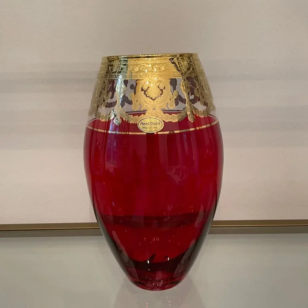 Vintage Style Vecchia Murano Ruby Red Art Glass Vase w/ 24 kt Gold Rim 11in NEW